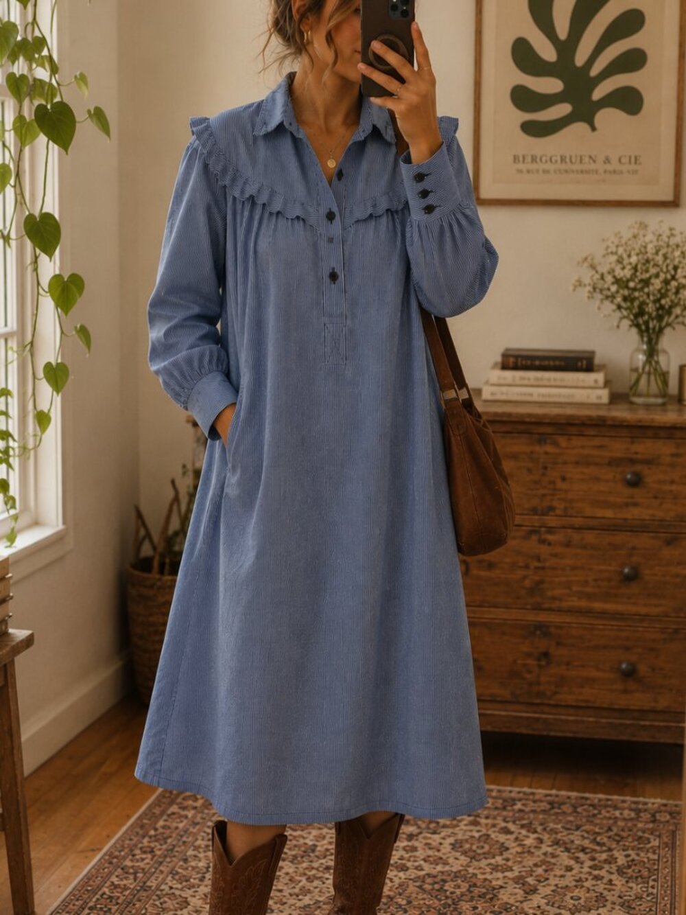 You Babes II Blue Pinstripe Ruffle Midi Shirt Dress Boho Cottagecore Small